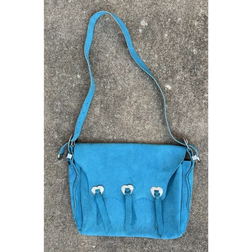 Leather Suede Purse Concho Crossbody Western Heart Silver Blue Large Bag‎